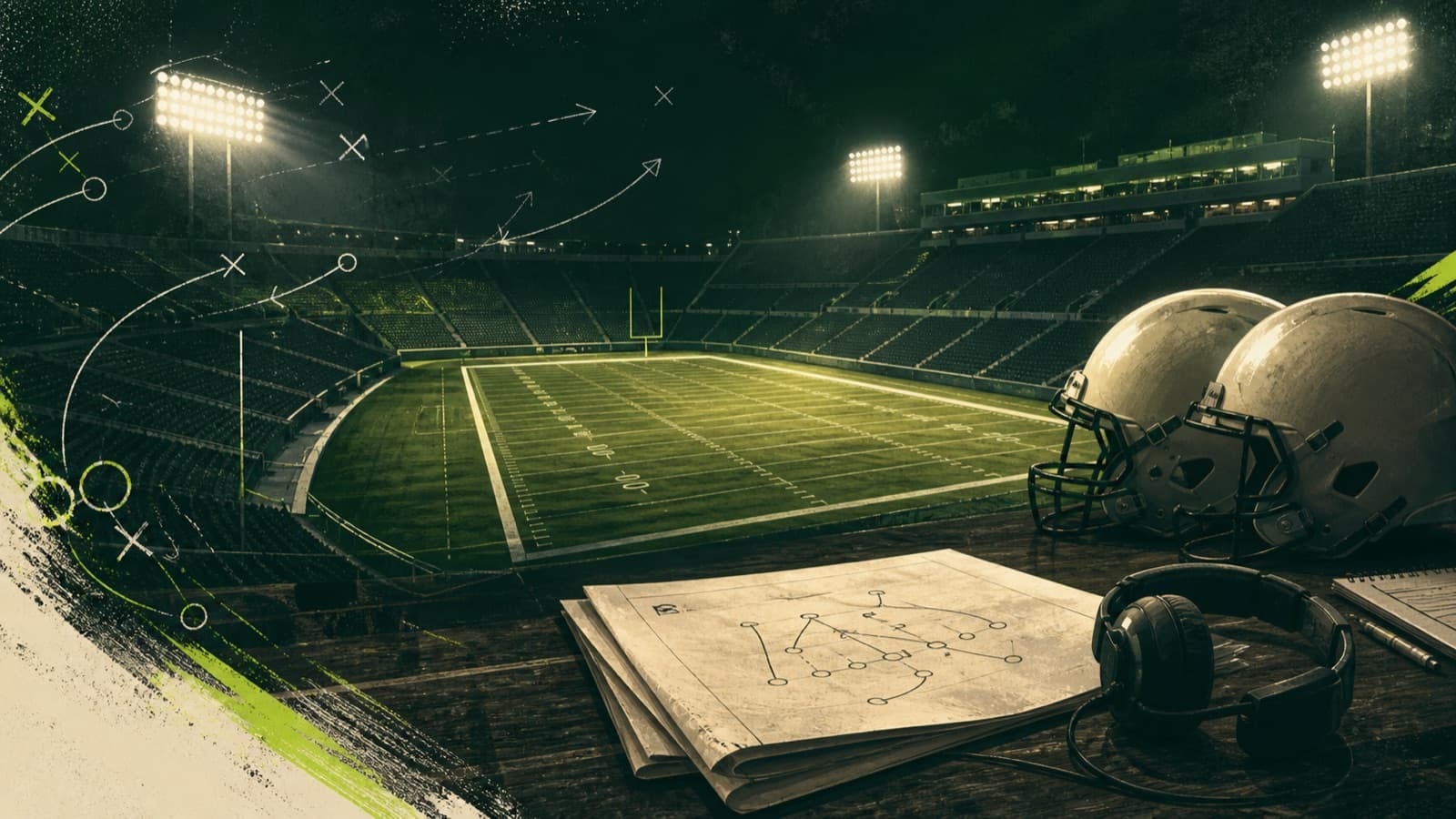 An empty night stadium layered with chalk routes, blank helmets, and a paper playbook.