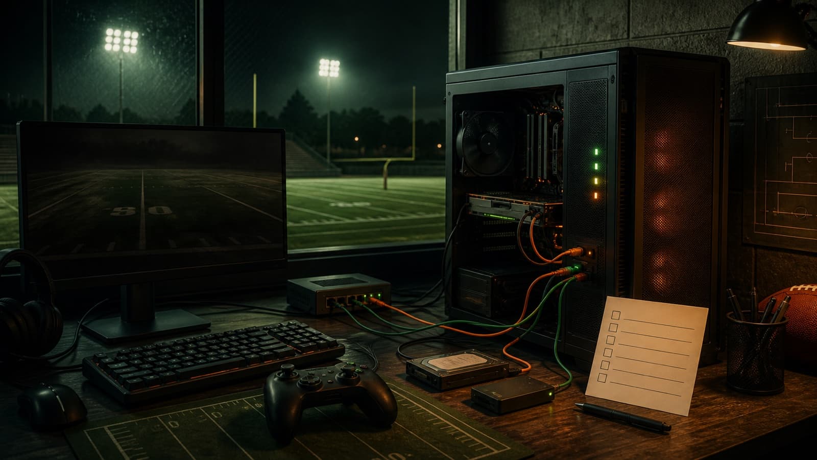 An unbranded PC diagnostics desk beside an empty football practice field at night.