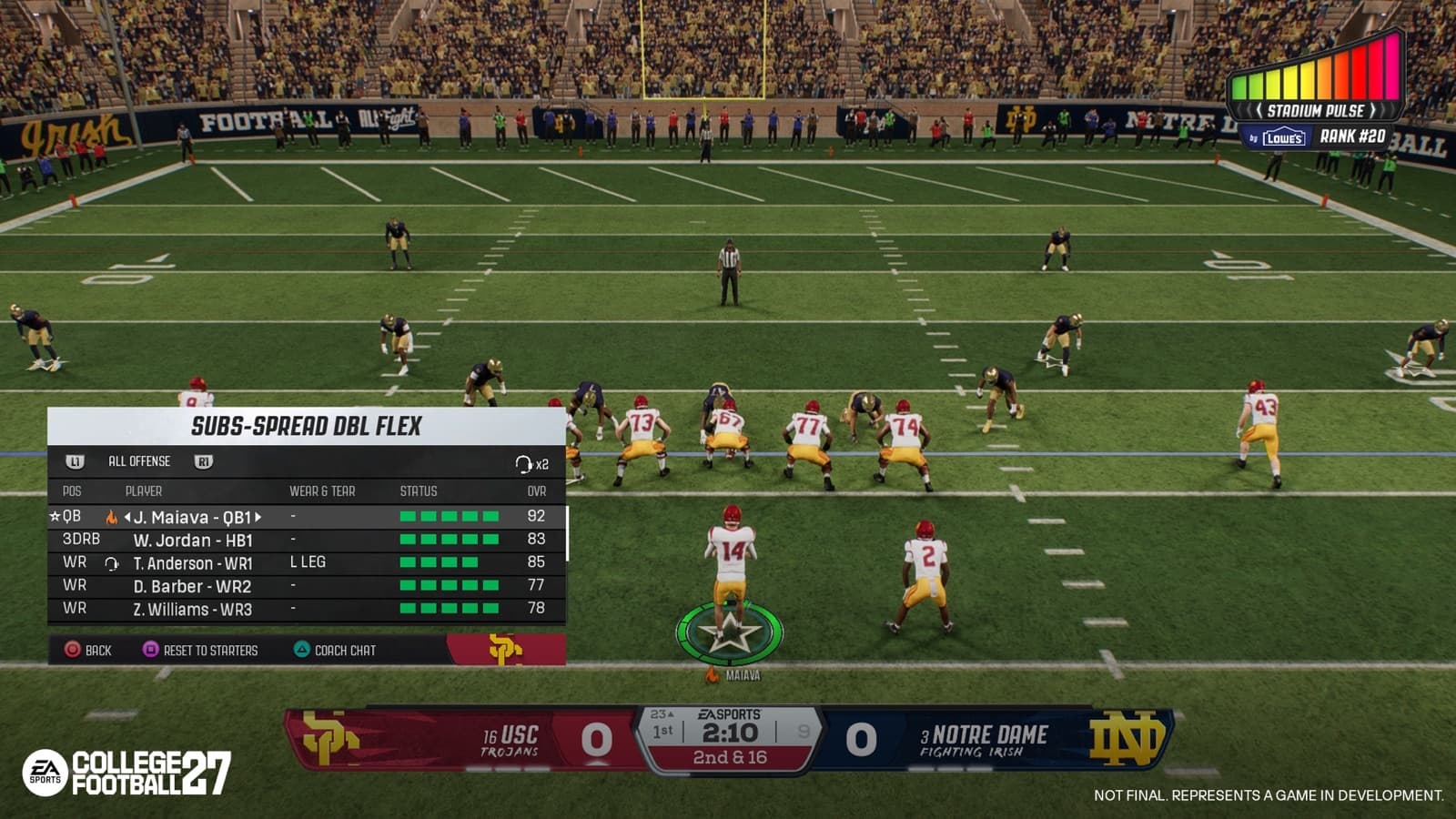 College Football 27 pre-snap field view with a spread formation, personnel panel, and Stadium Pulse meter.