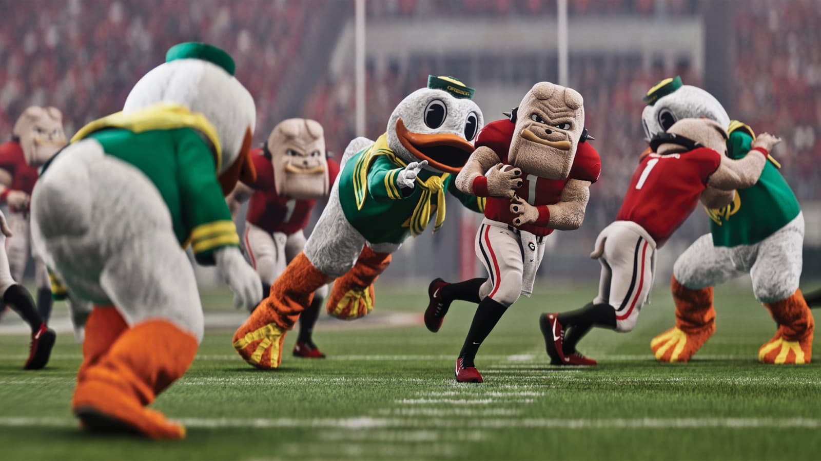 Georgia and Oregon mascots collide in an 11-on-11 College Football 27 Mascot Mashup game.