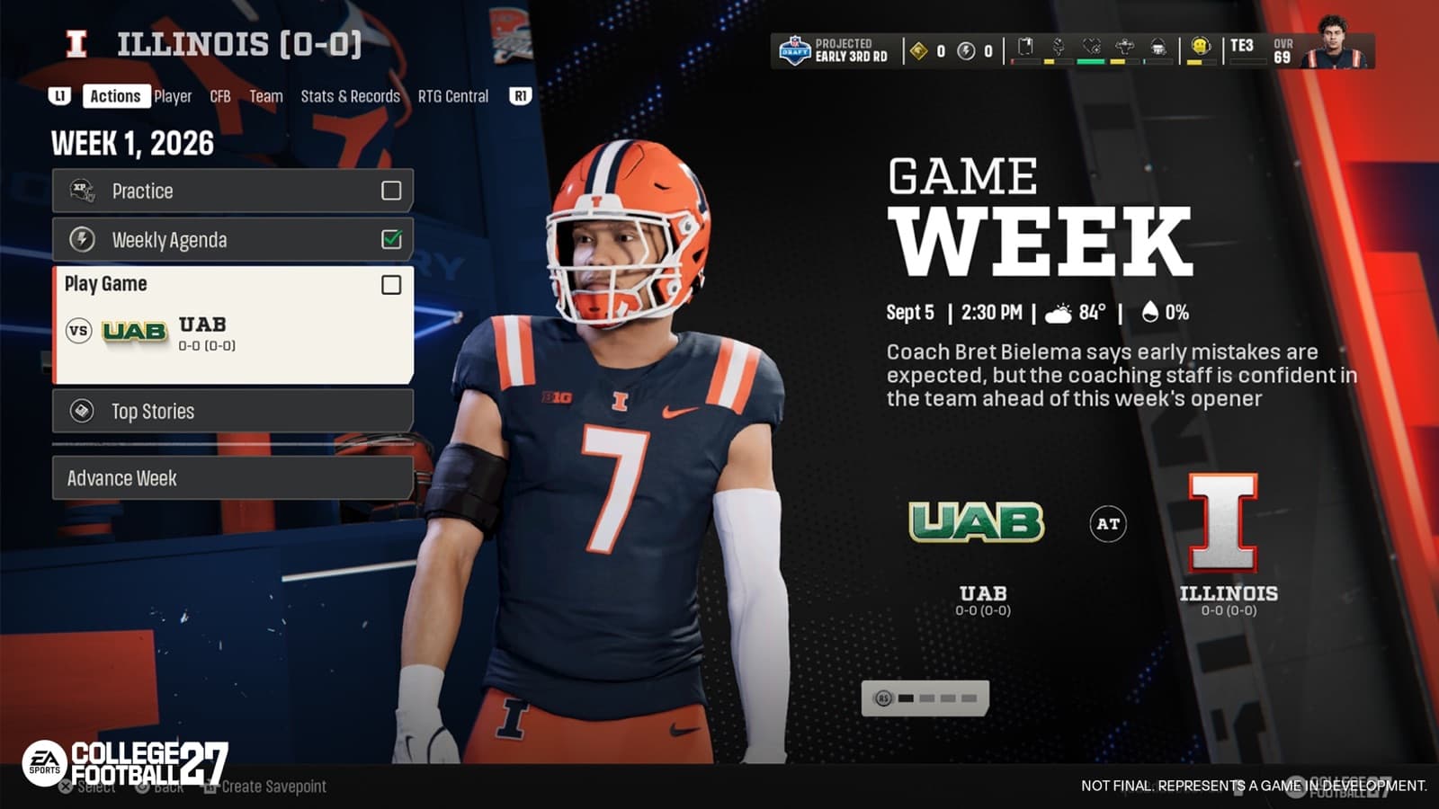 College Football 27 Road to Glory weekly hub with Practice, Weekly Agenda, Play Game, and Advance Week options.