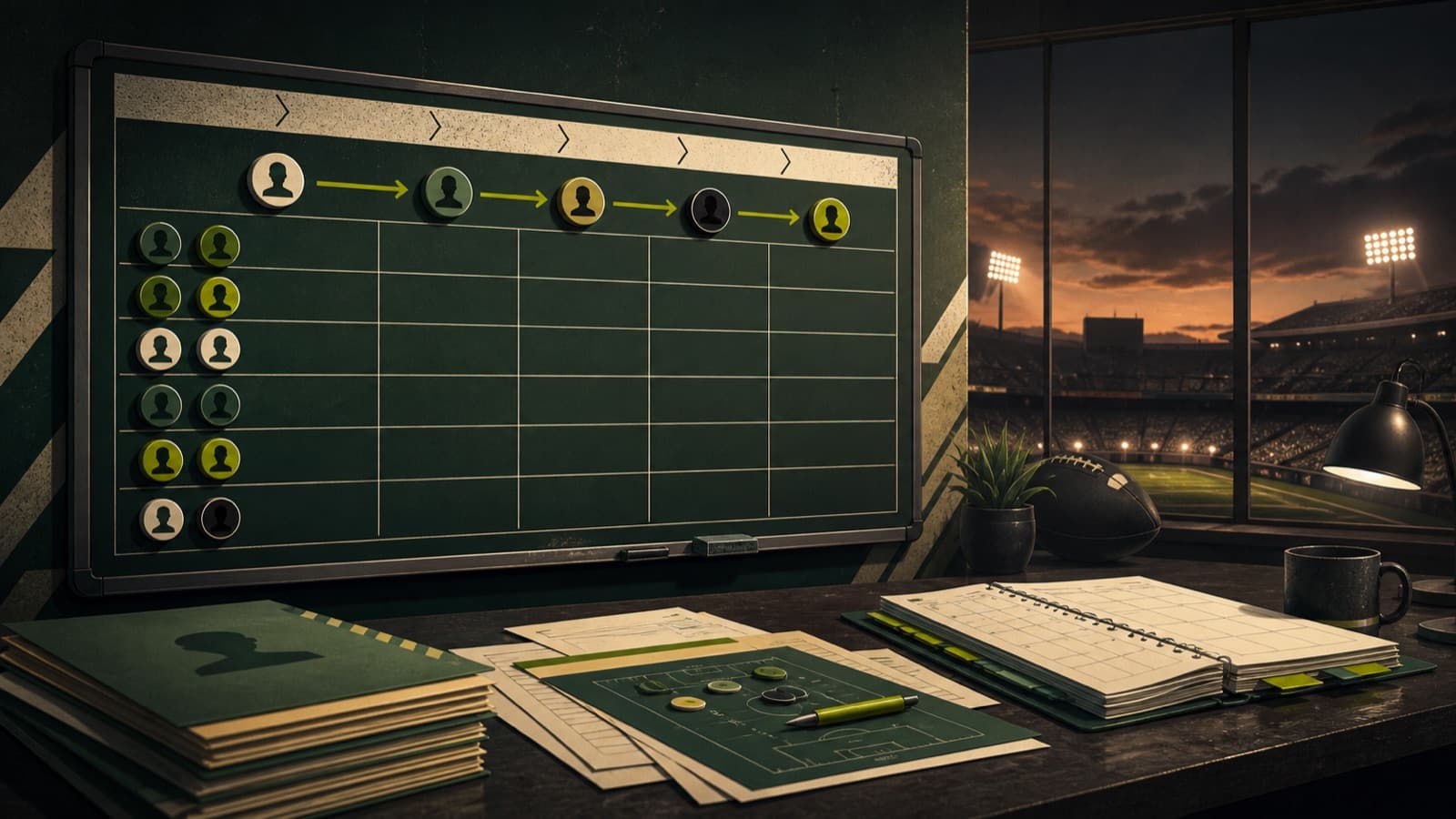 A generic recruiting room with anonymous prospect markers moving across a season board.
