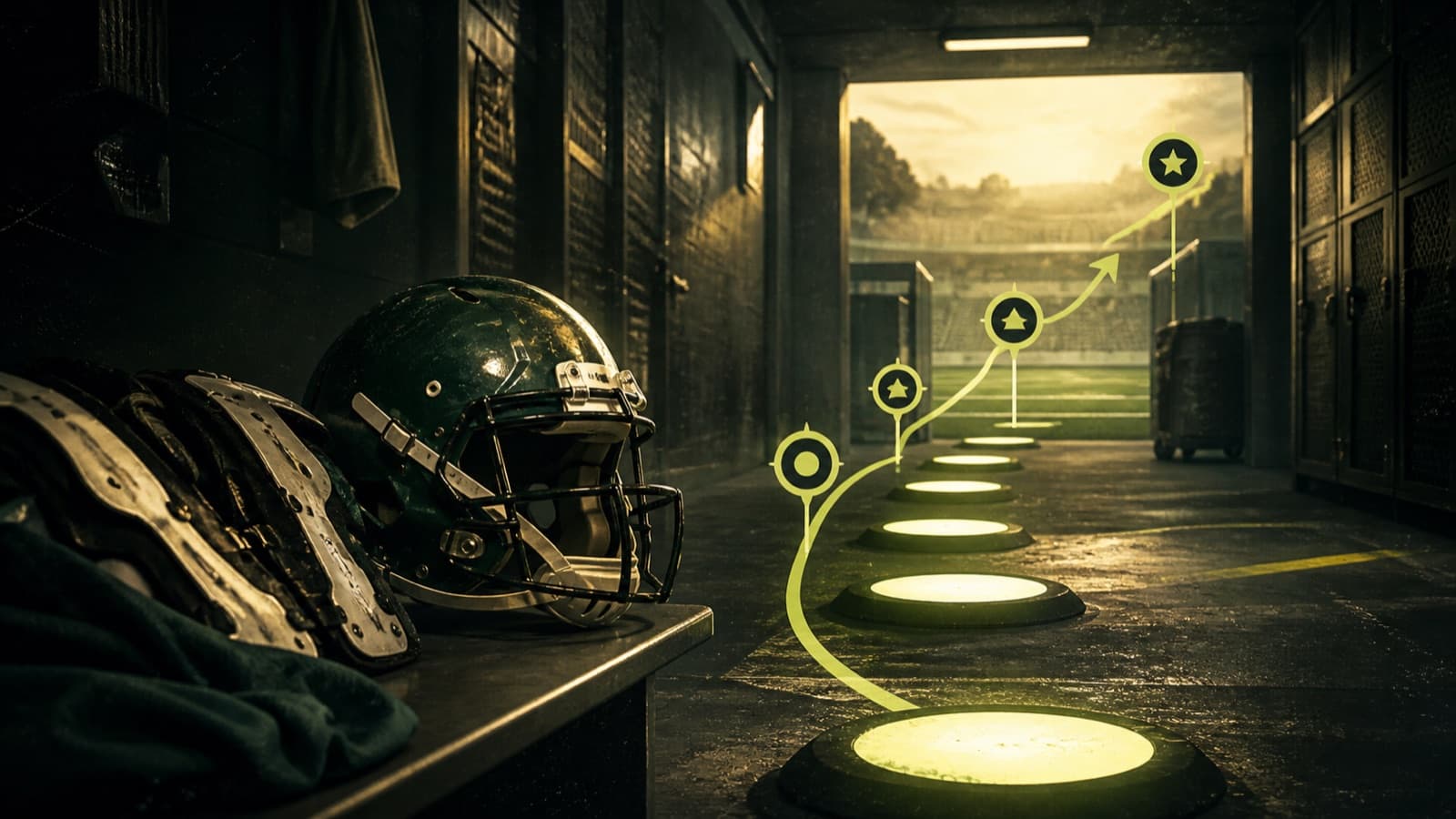 Blank football equipment beside a lit milestone path leading from a locker room to the field.