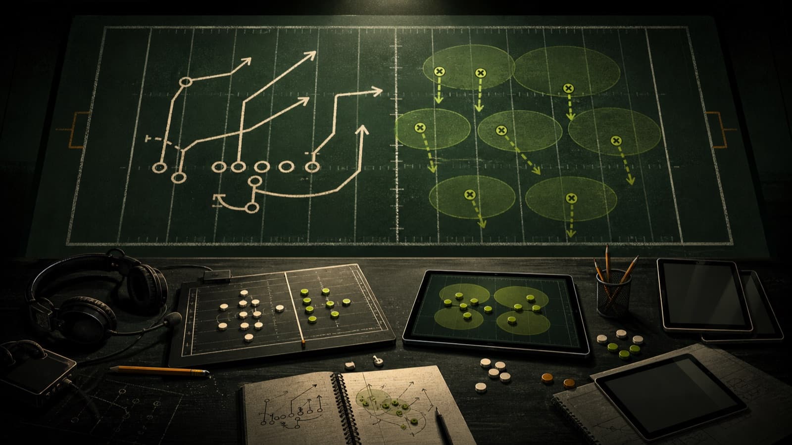 A film-room table comparing anonymous offensive routes and defensive coverage zones.