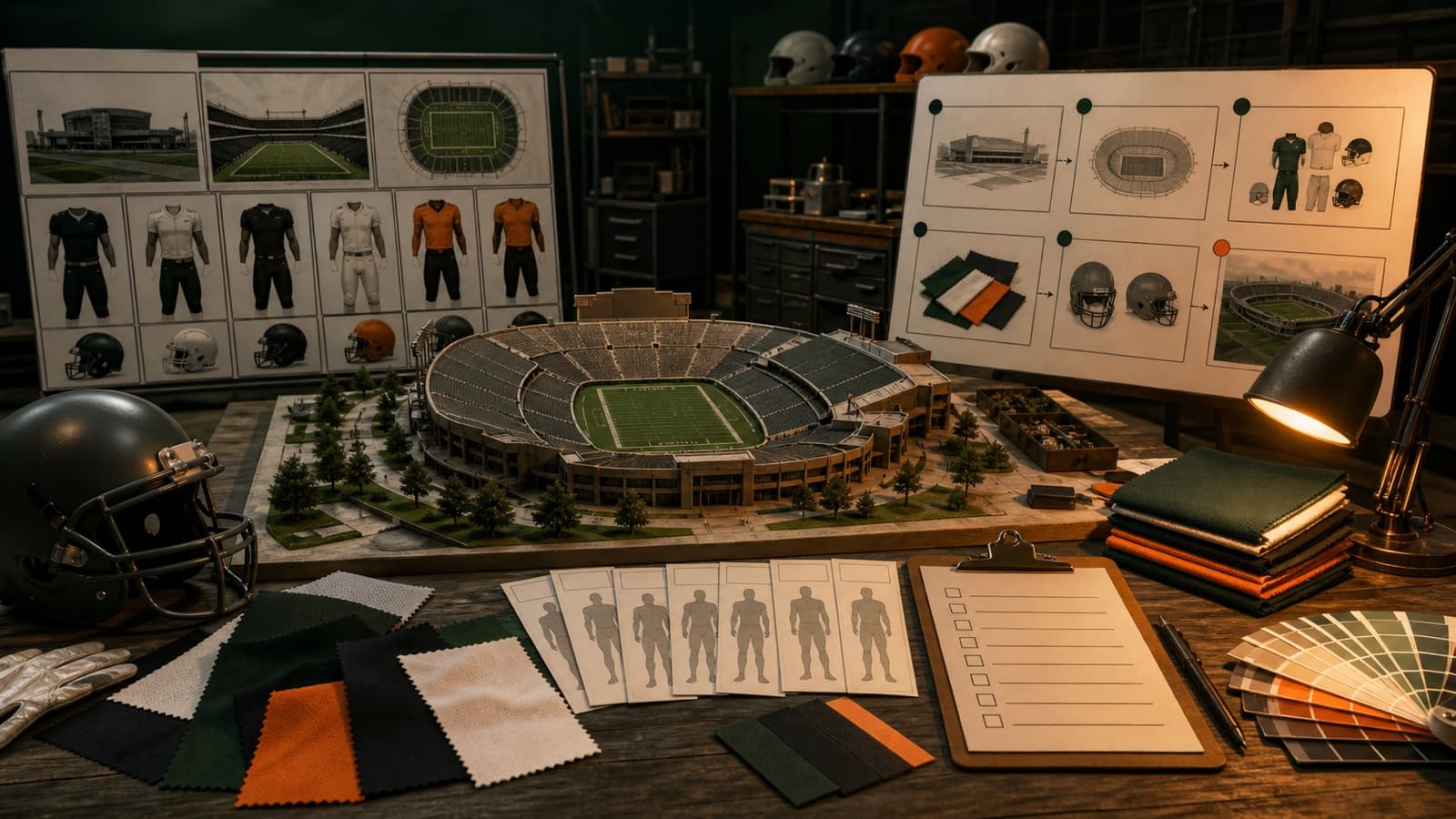 A generic stadium model, blank uniforms, color swatches, and a submission checklist in a football design workshop.