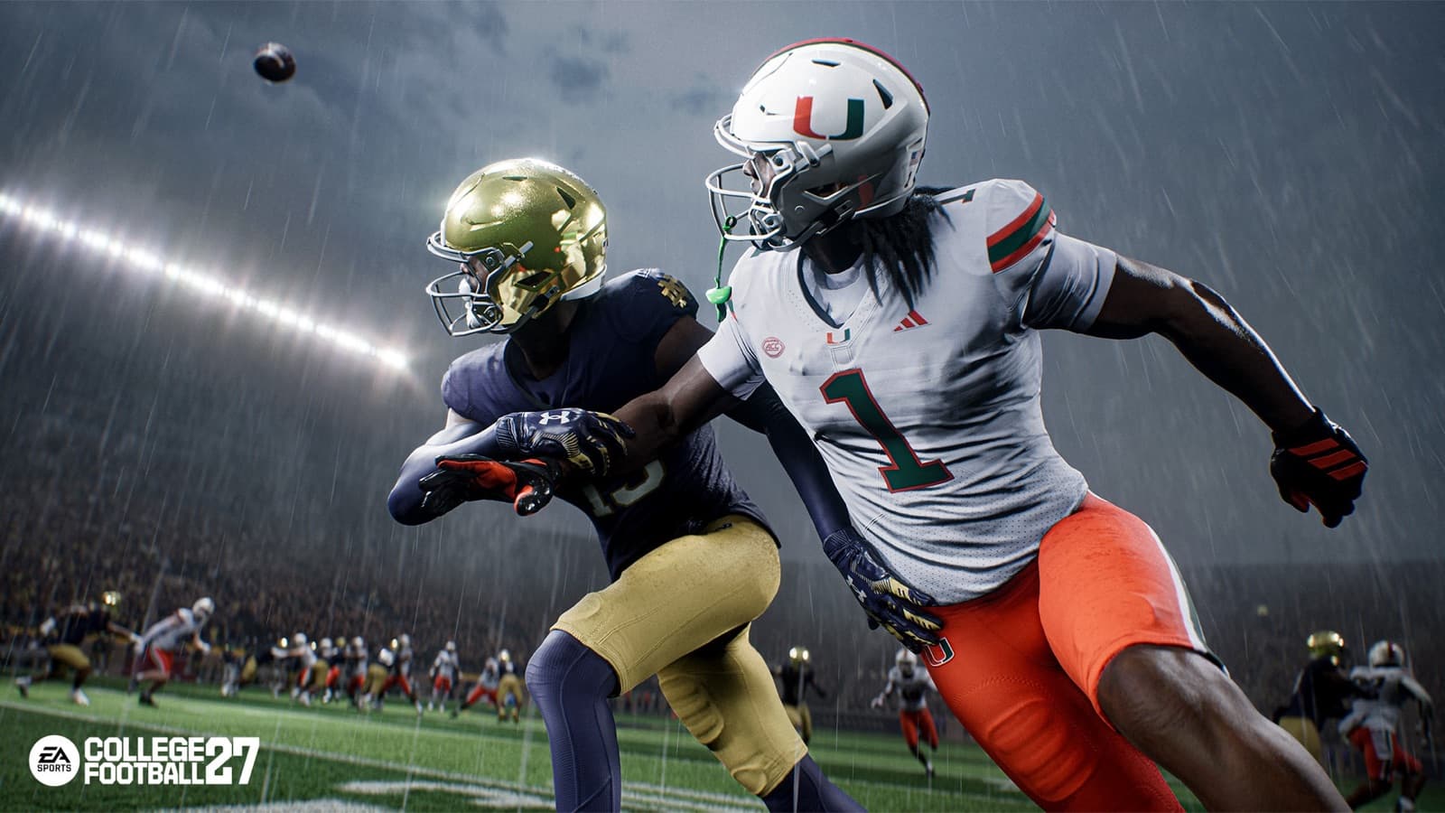 Miami and Notre Dame players battle for a pass during a rain-soaked night game in College Football 27.