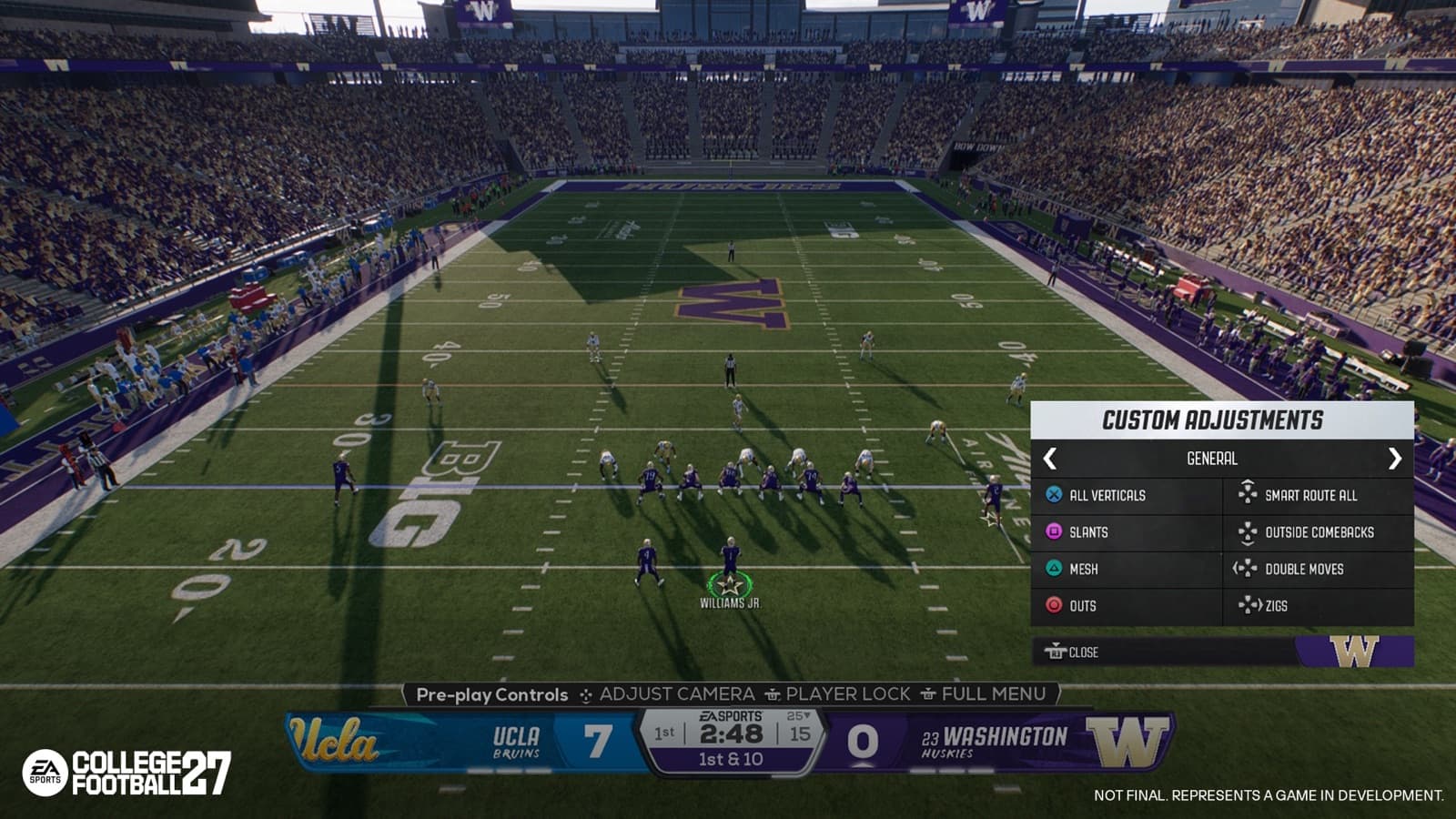 College Football 27 pre-play field view with the Custom Adjustments menu open over the offense.